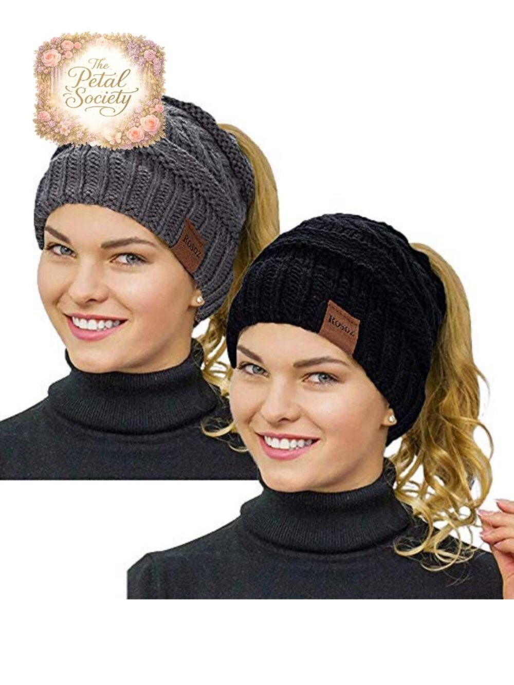 2 Pack Ponytail Beanie Winter Warm Cable Knit Messy Bun Hat